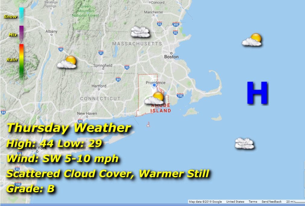 A map showing the weather in Rhode Island and Massachusetts.