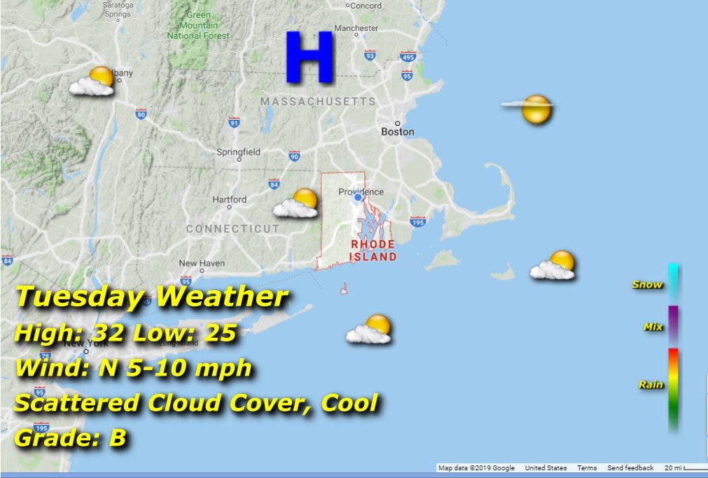 A map showing the weather in Massachusetts and Rhode Island.