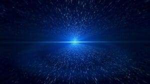 A blue space background with stars and a starburst.