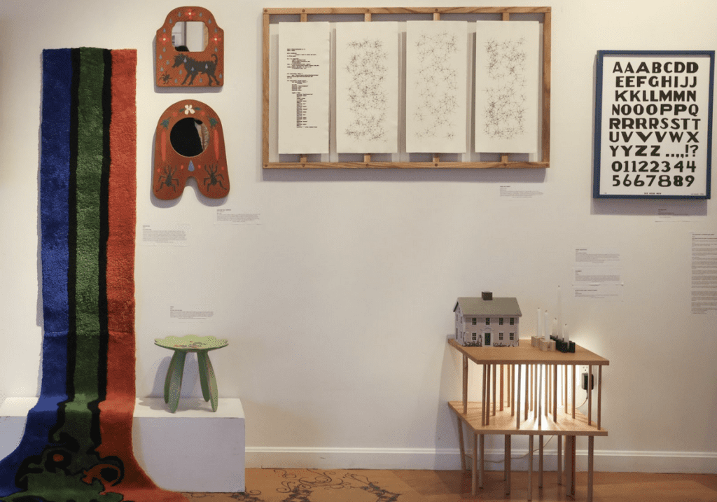 A room with a variety of art objects on display.
