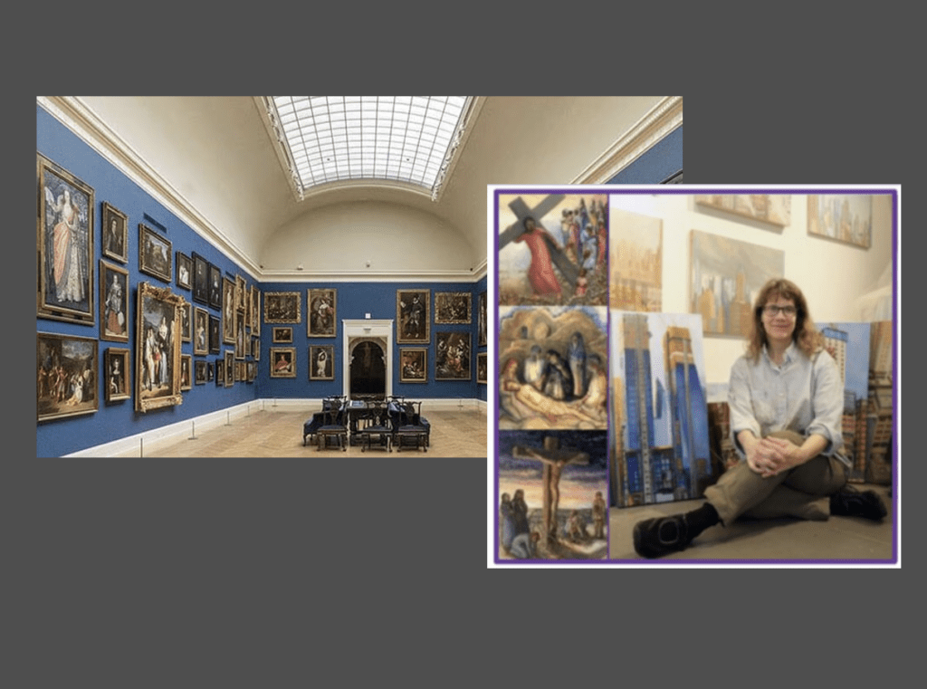 A woman sits on the floor in front of Lent paintings in a museum.