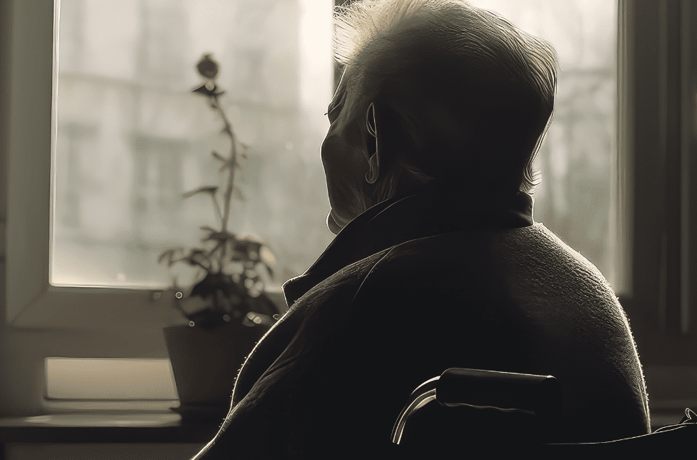 A man with Alzheimer's in a wheelchair looking out a window.