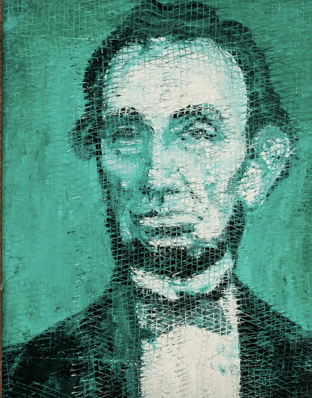 An art portrait of Abraham Lincoln on a green background.