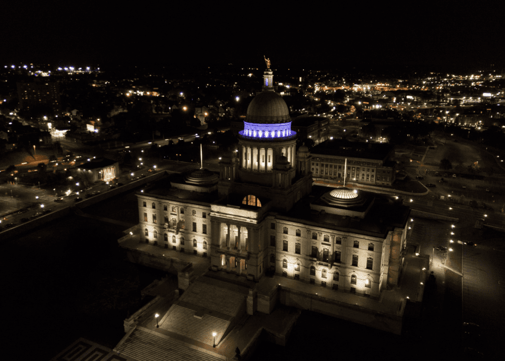 An aerial view of a building at night, captured by Chris Herren.