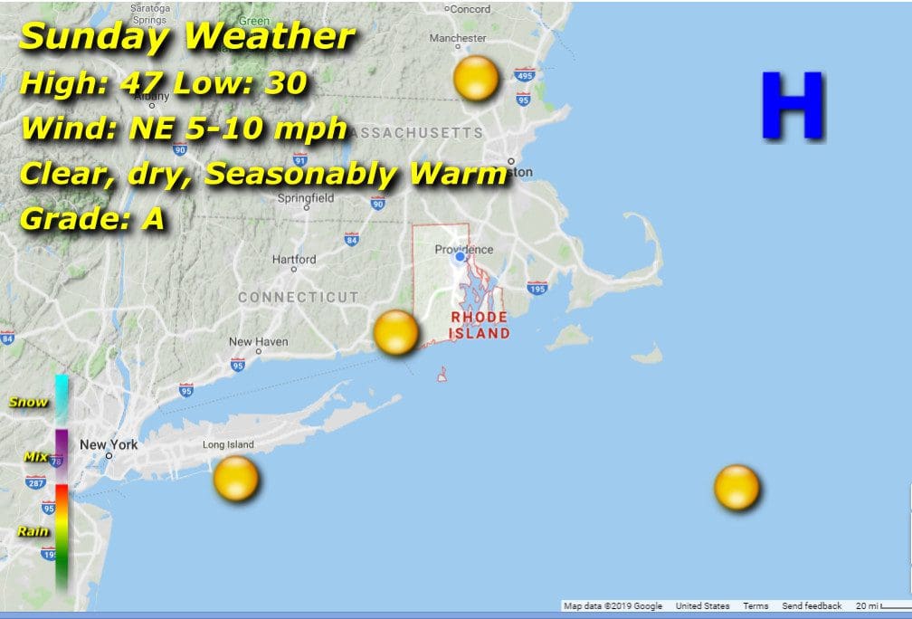 A map showing the current Rhode Island weather conditions.