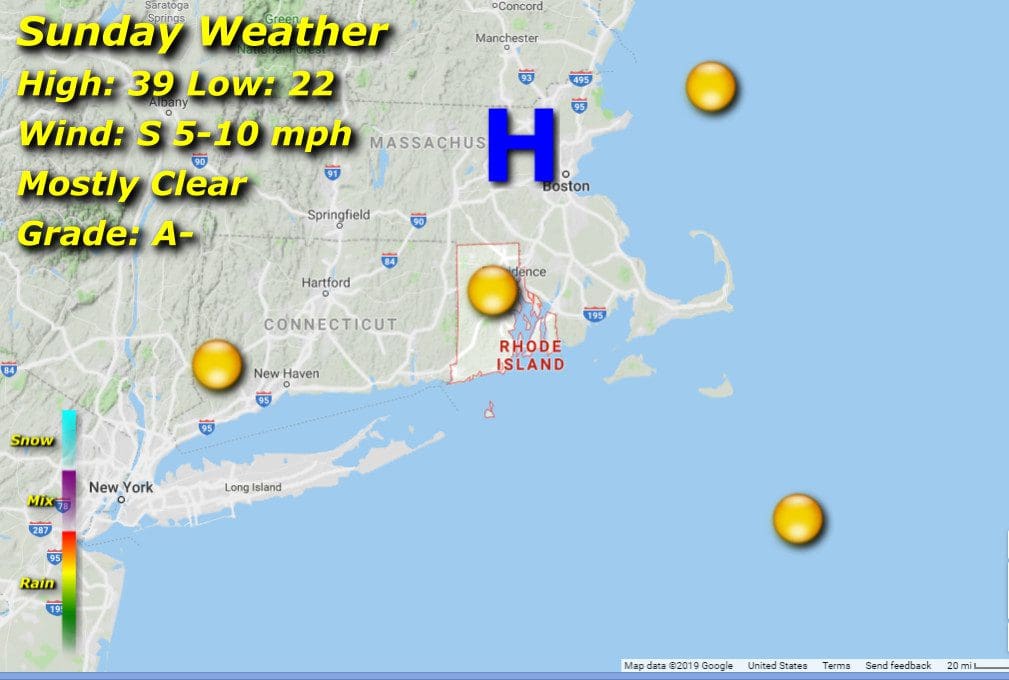A map showing the Sunday weather in Massachusetts and Rhode Island.