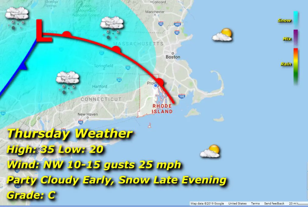 Tuesday's Rhode Island weather map shows snow and rain.