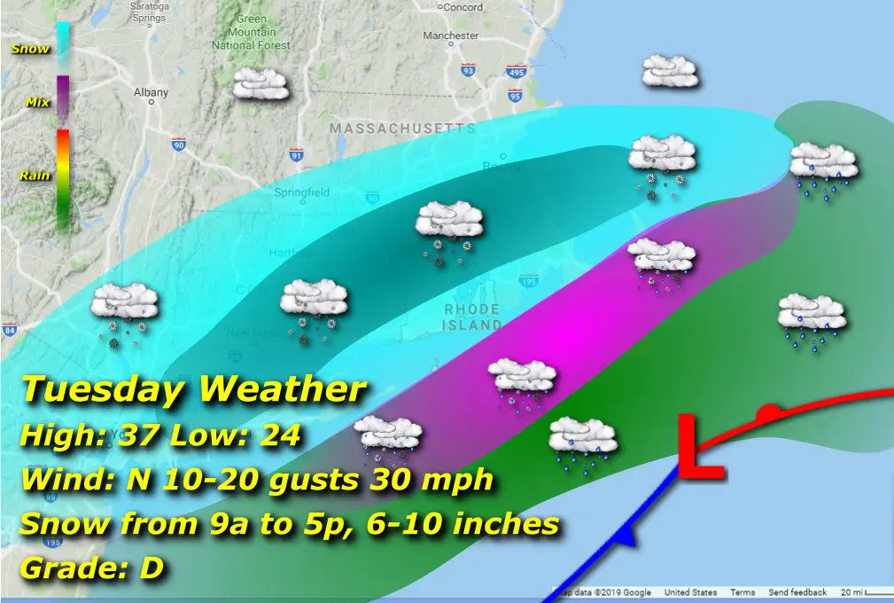 Rhode Island Tuesday weather map.