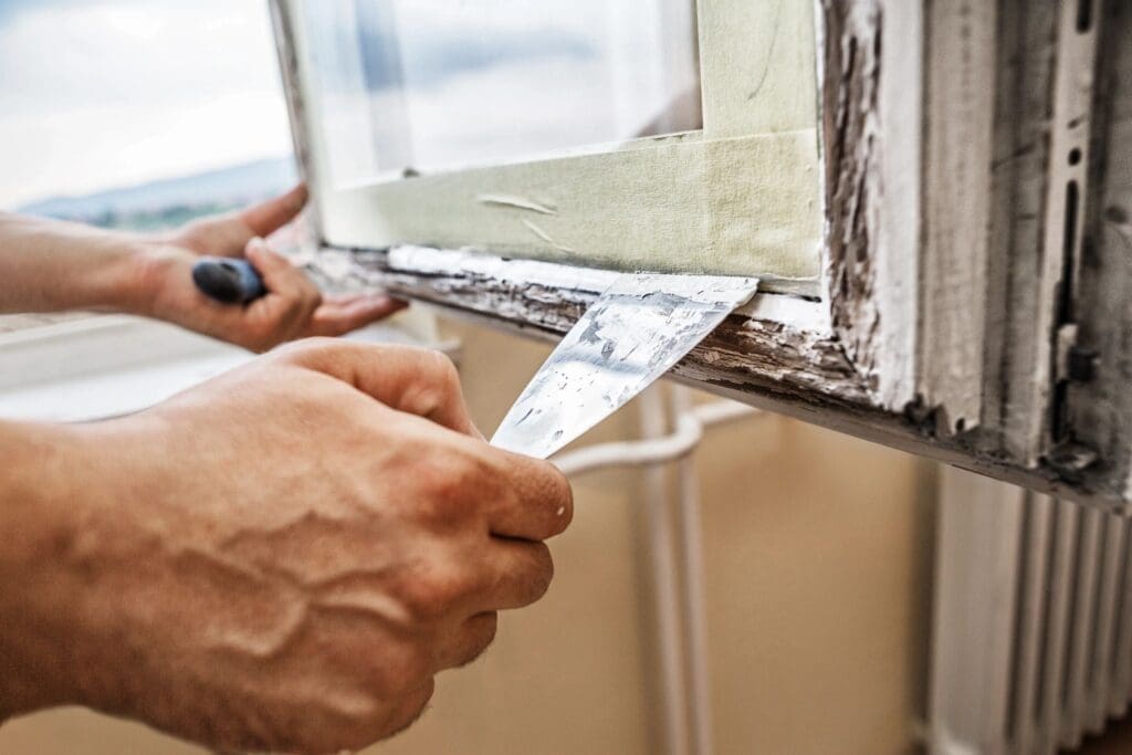 A man is using a paint brush to paint a window.