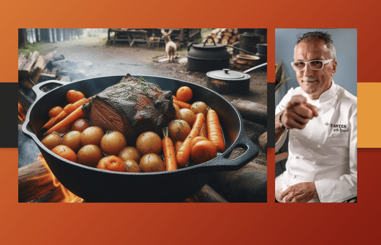 A man in a chef's hat, identified as Chef Walter Potenza, is pointing to a pot of food.