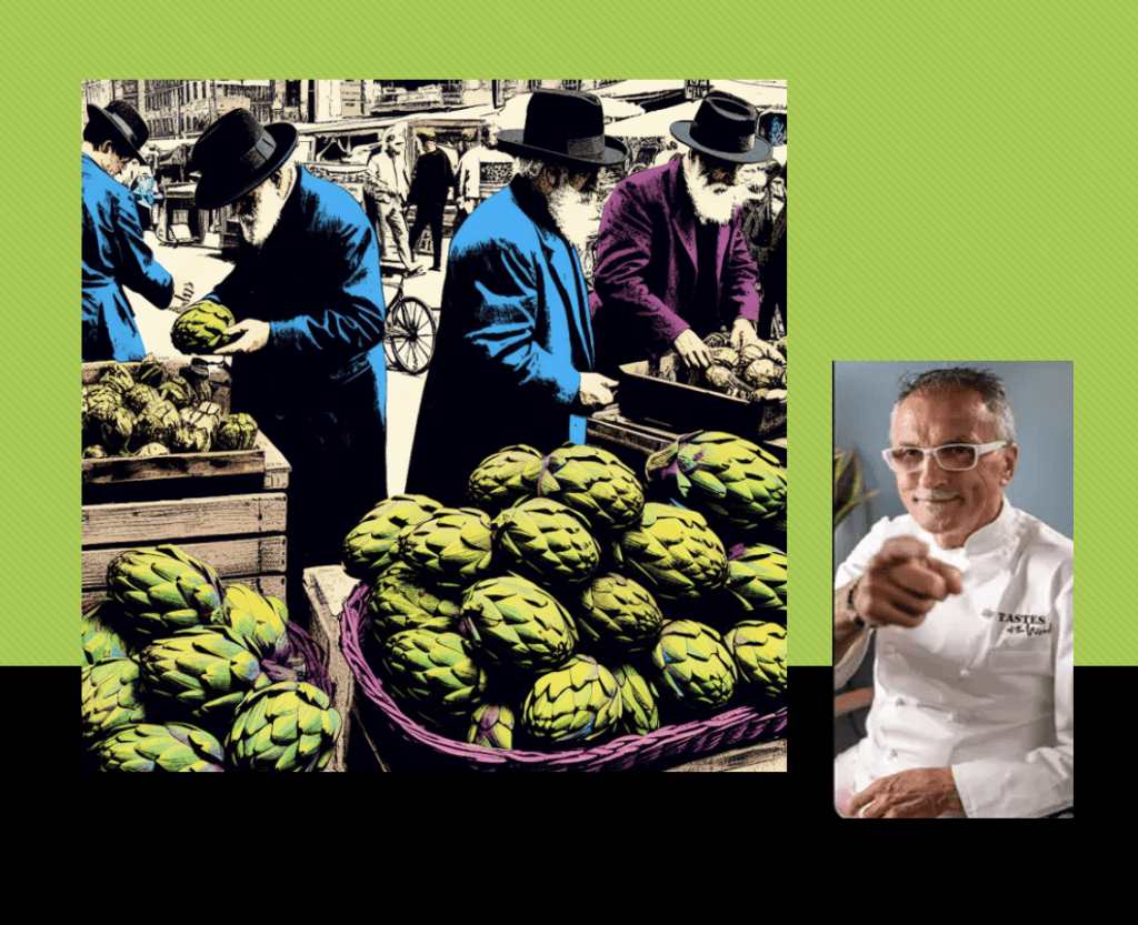 A man in a chef's hat is pointing to a picture of artichokes and asking Chef Walter.