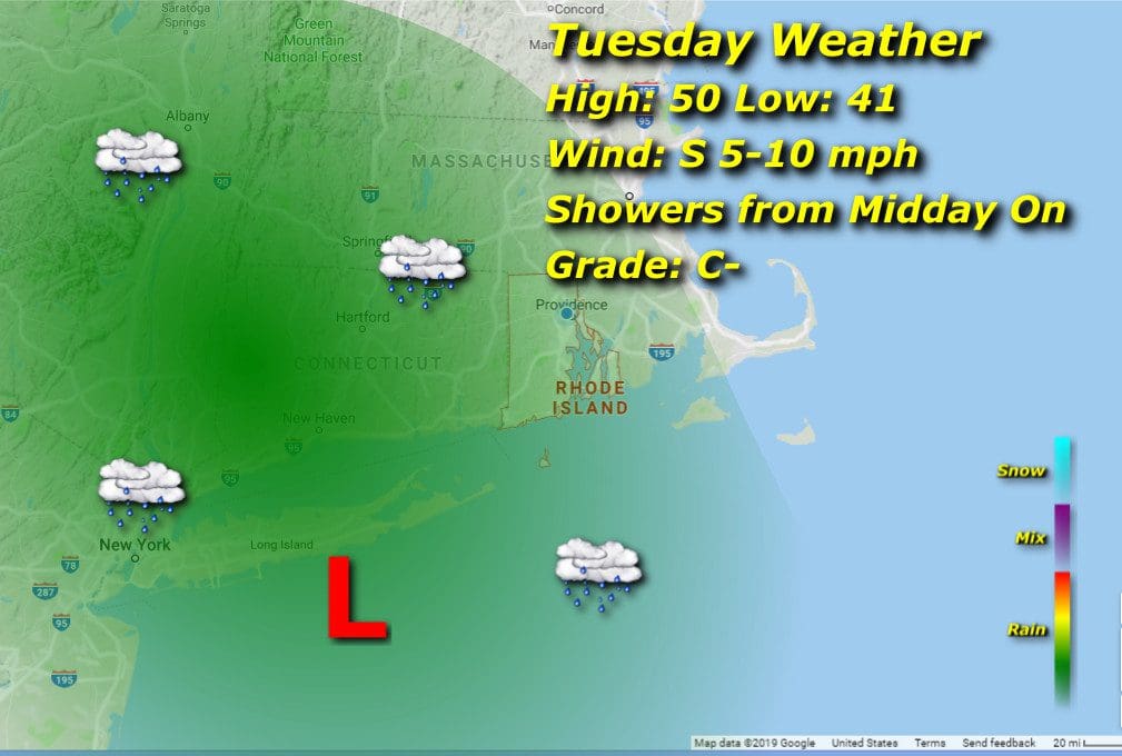 Rhode Island Tuesday weather map.