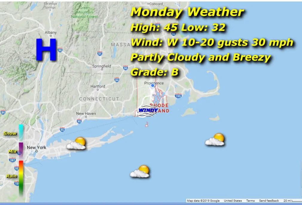 A map showing the weather for monday in massachusetts.