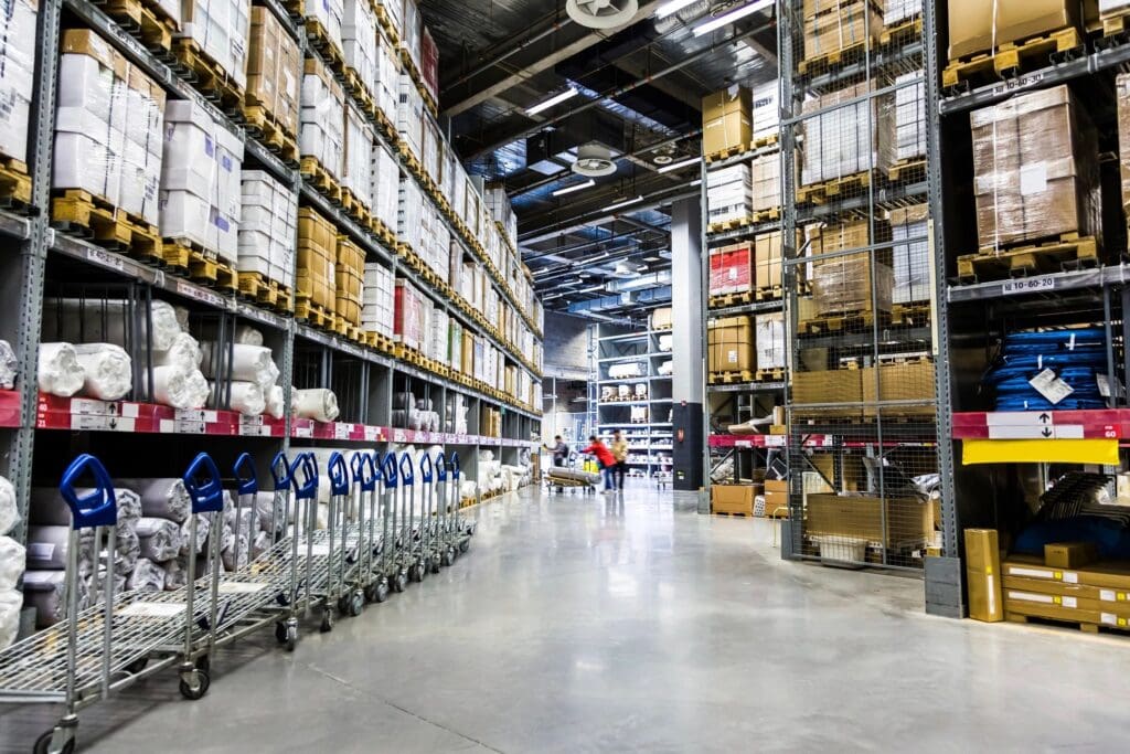 A large warehouse with many shelves and carts.