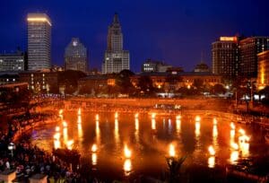 Providence WaterFire nighttime spectacle.