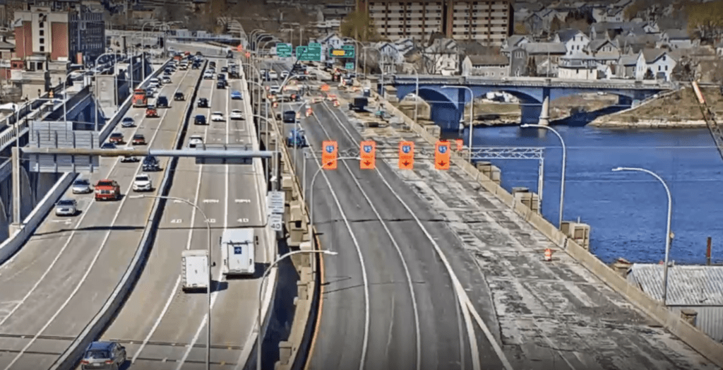 Highway bridge traffic and roadwork.