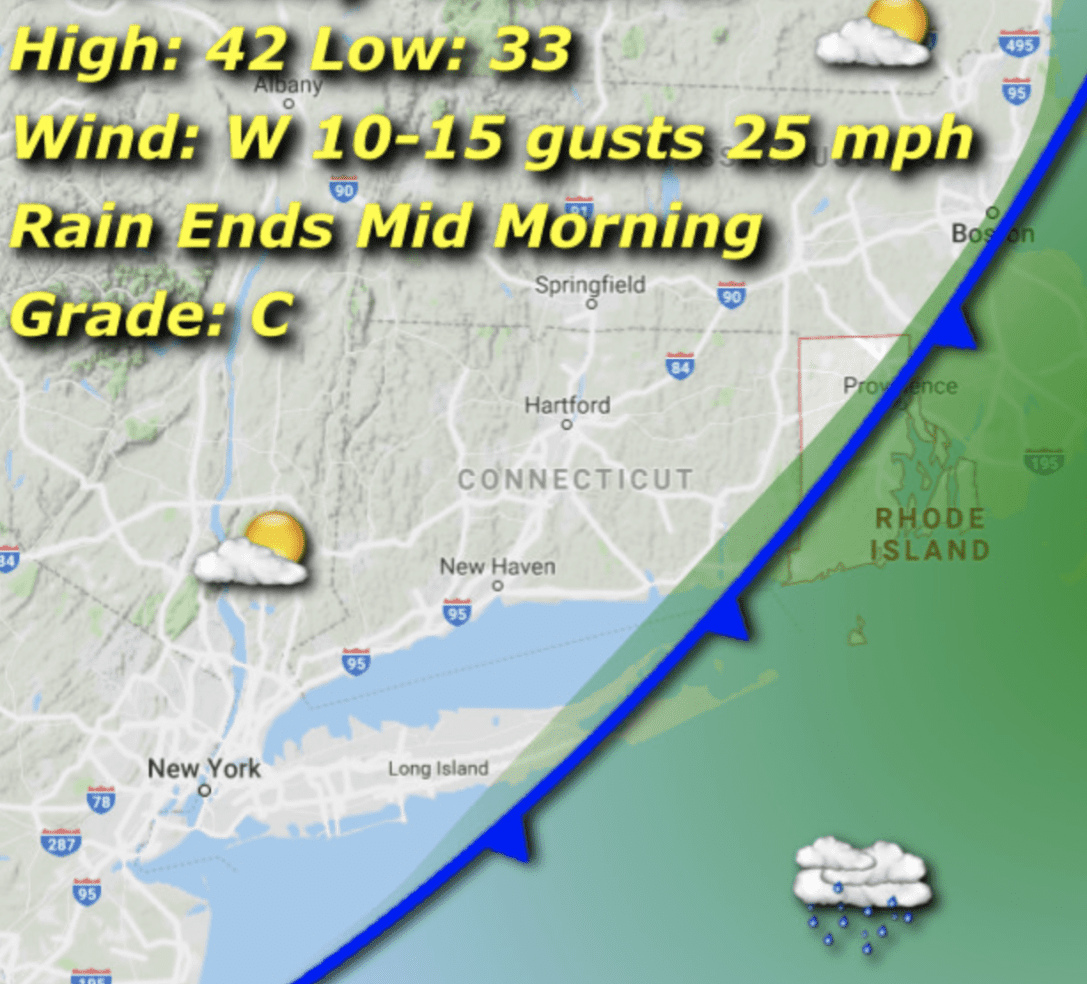 A map of the coast with weather information.