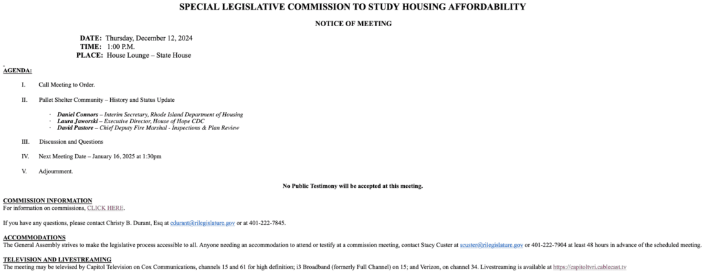 A notice of meeting for the legislative commission to study housing.