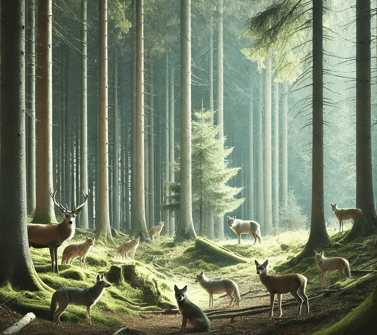 A painting of deer in the woods with trees