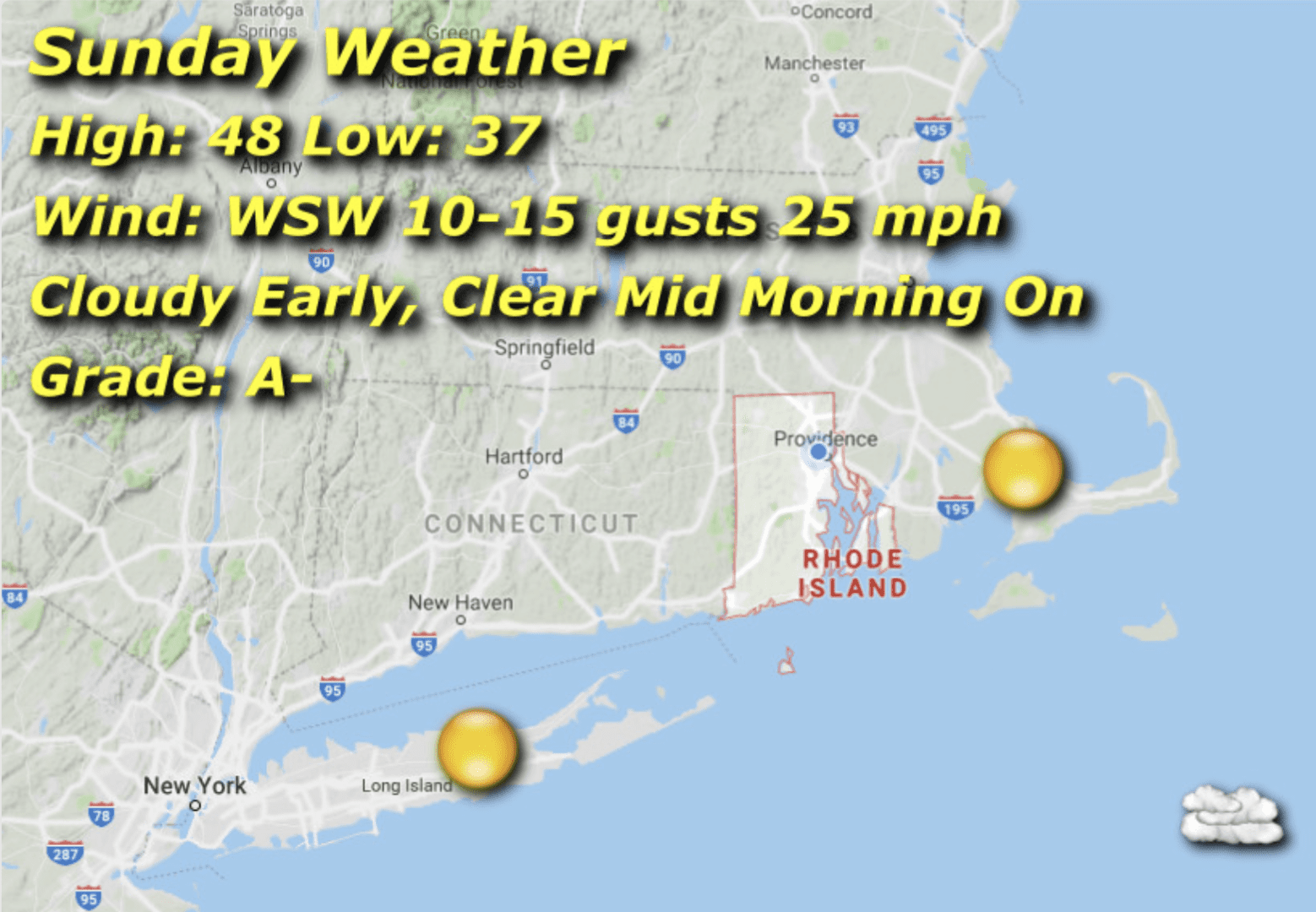 A map of the weather in rhode island.