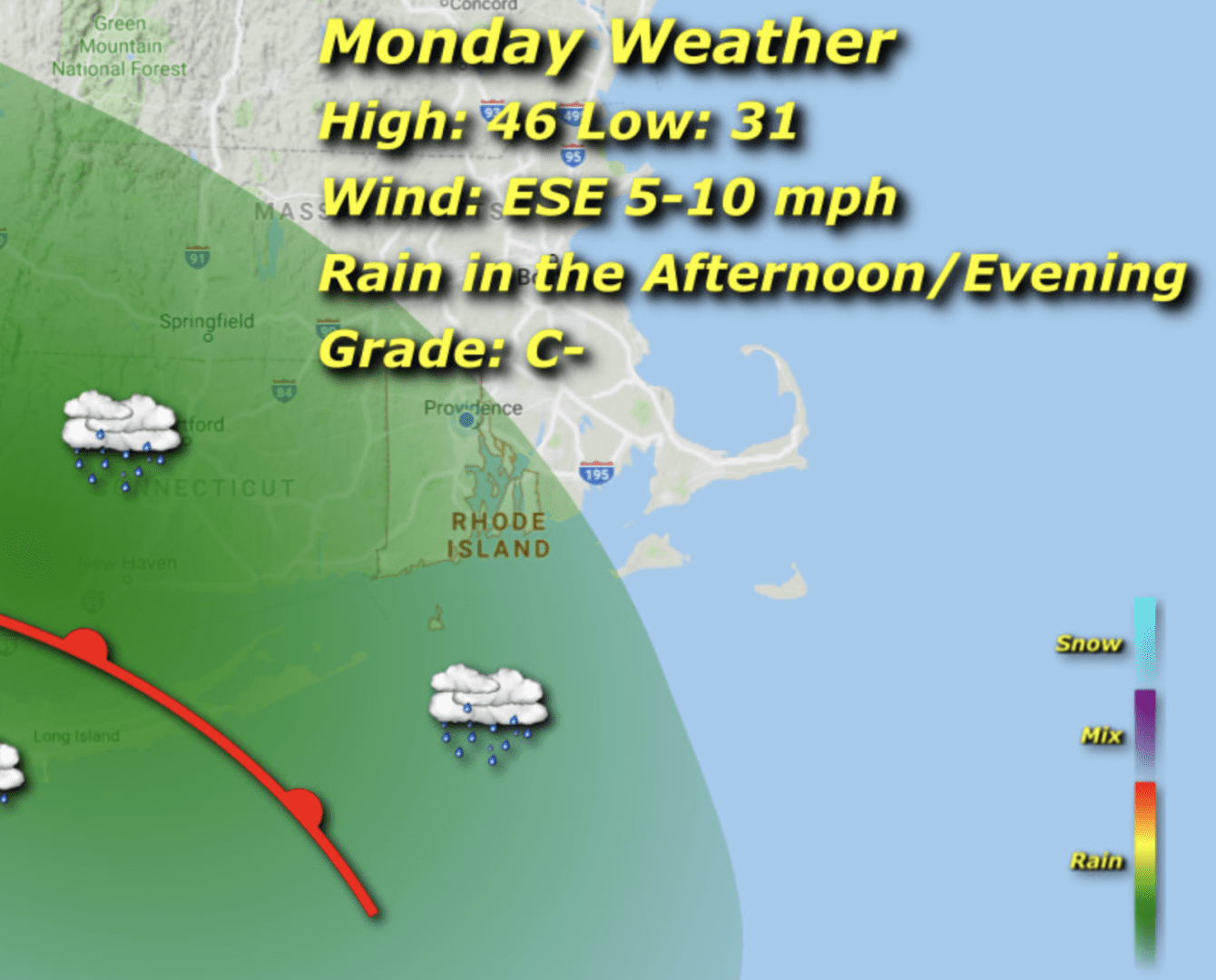 A map of the weather in rhode island.