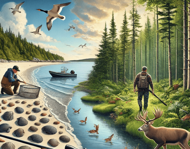 A painting of a man with a fishing rod and deer.