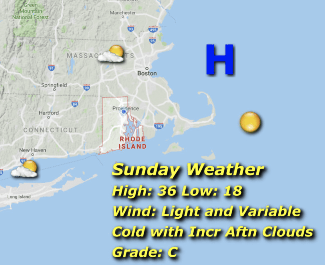 A weather map showing the sun and wind.