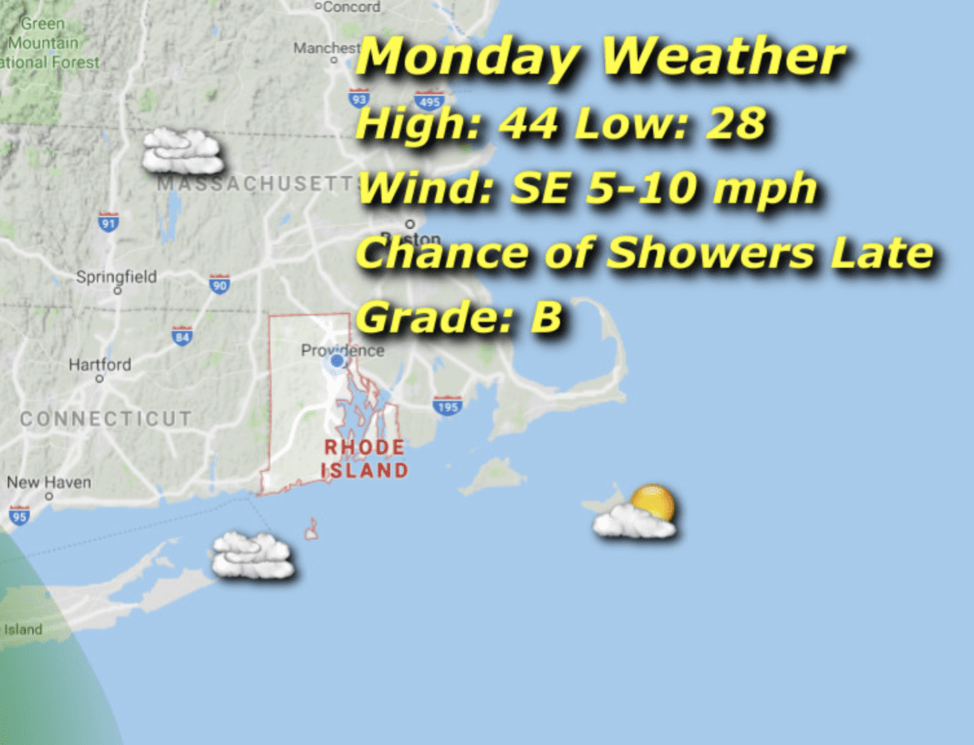 A map of the weather in rhode island.