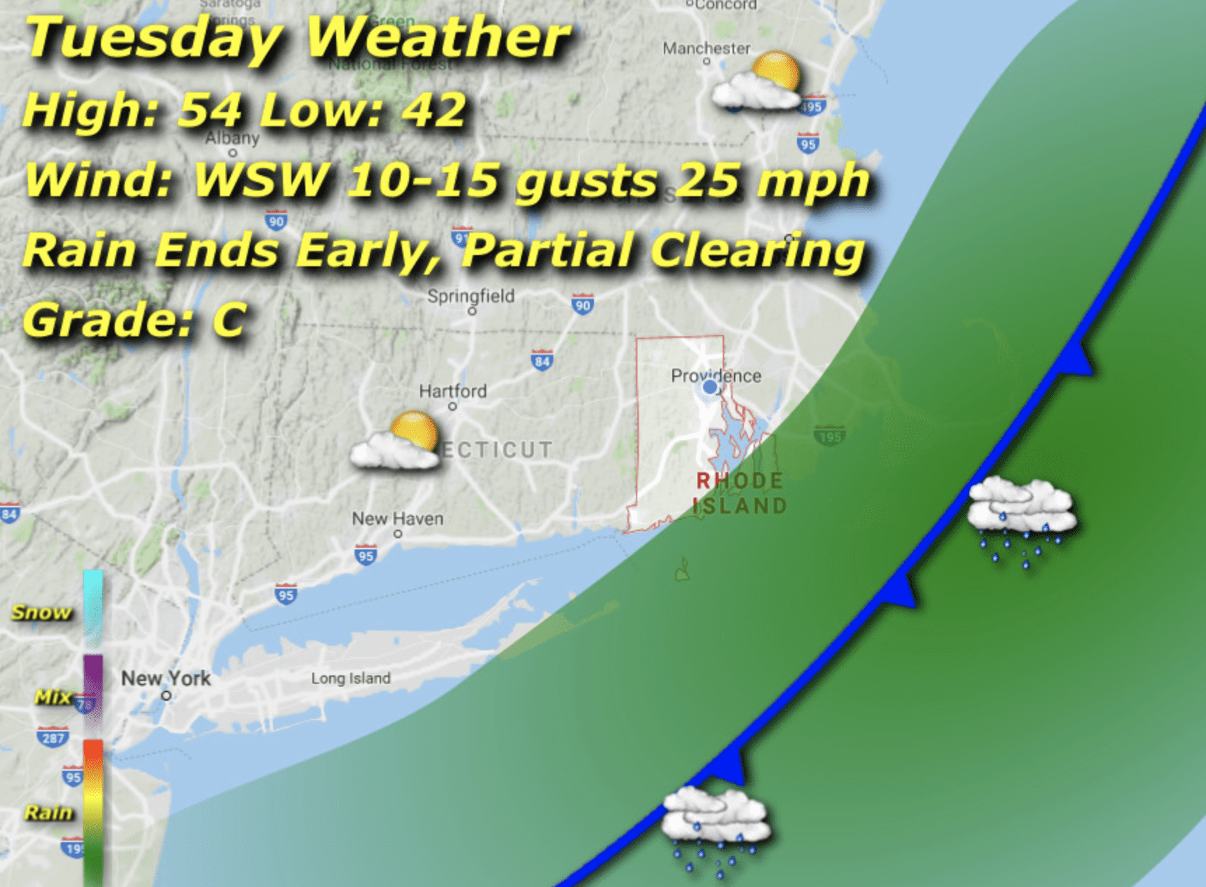 A map of the weather with a blue line showing where to go.