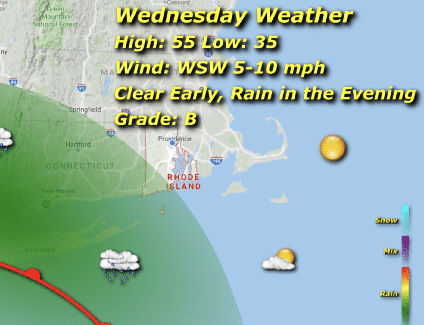 A weather map showing the area of rain and wind.