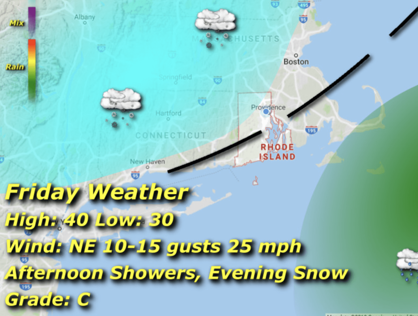 A map of the weather in rhode island.