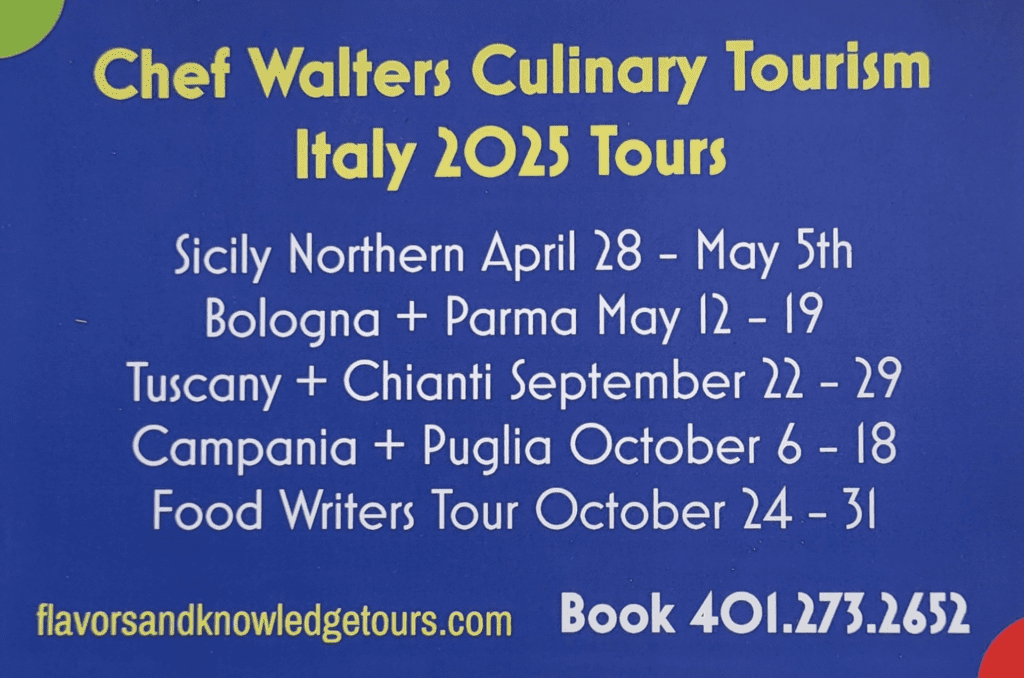 A blue sign with the names of several tours.