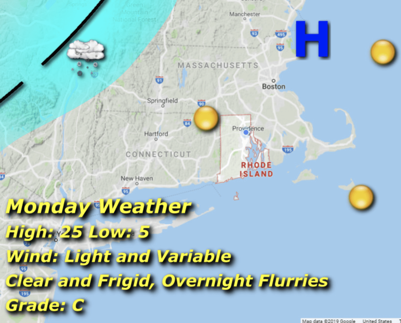 A map of the weather in rhode island.