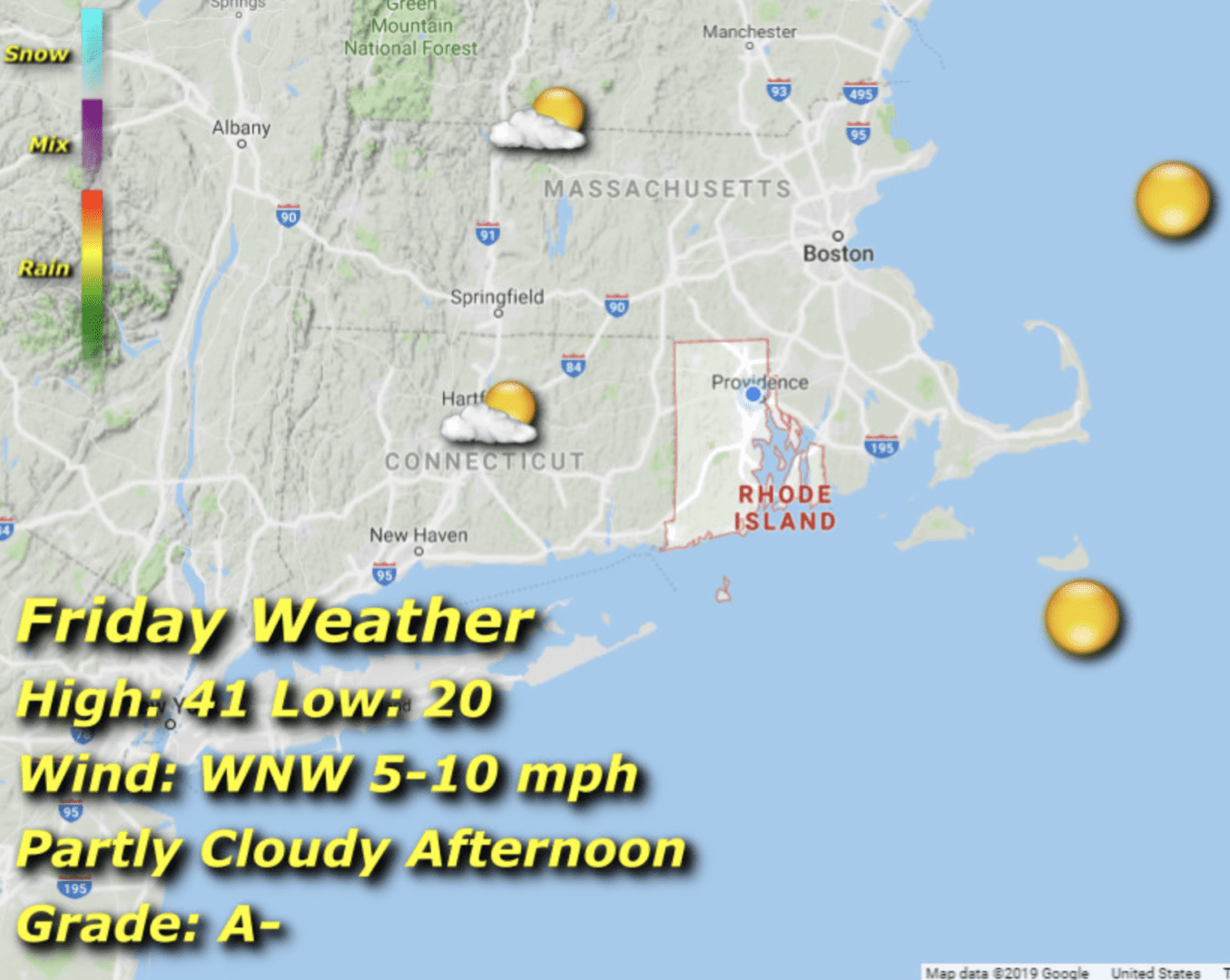 A map of the weather in rhode island.