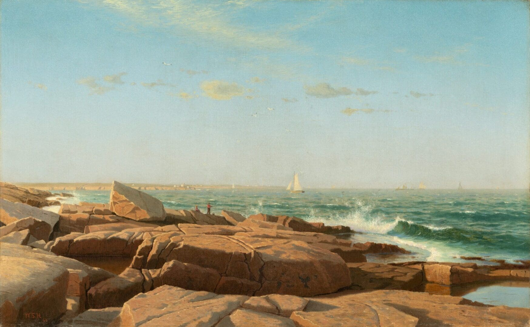 A painting of the ocean and rocks