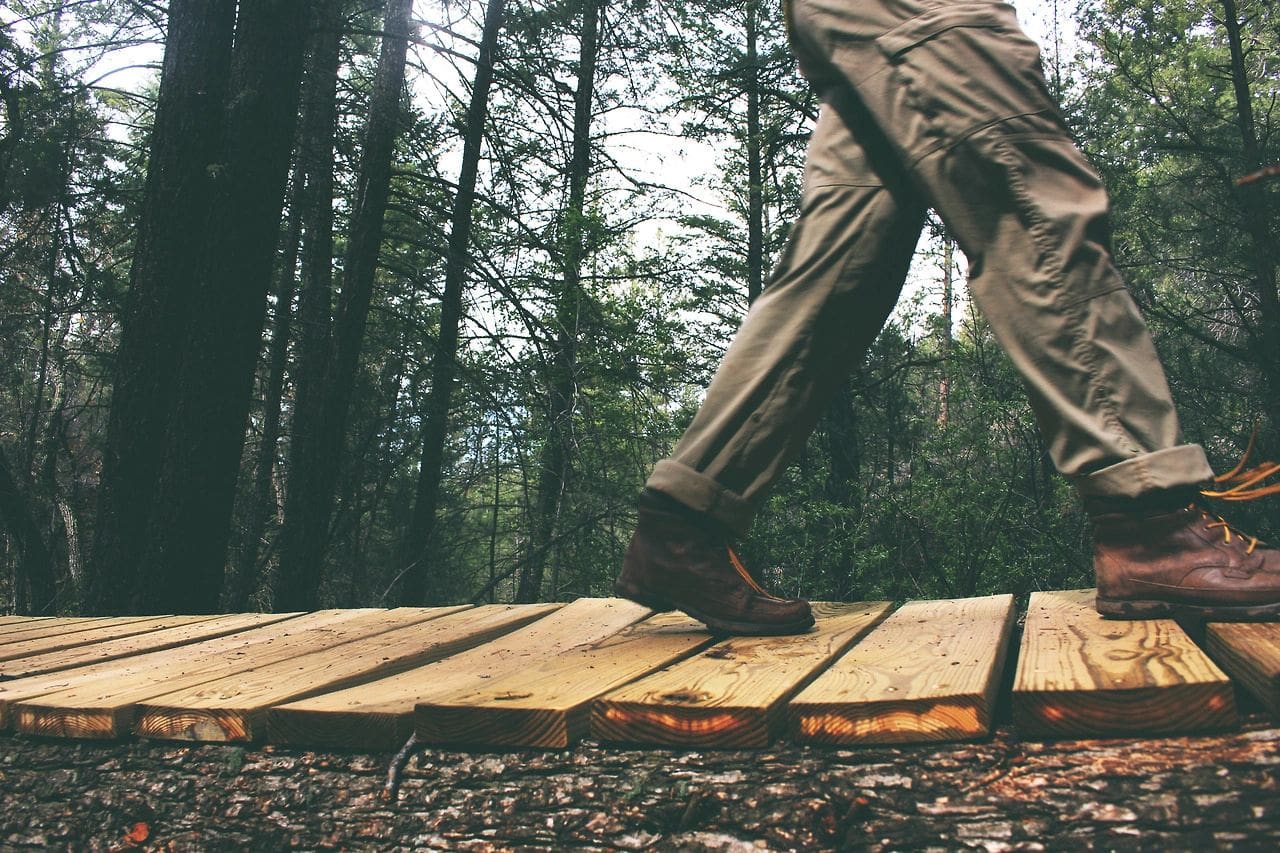 A person walking on top of a wooden path.