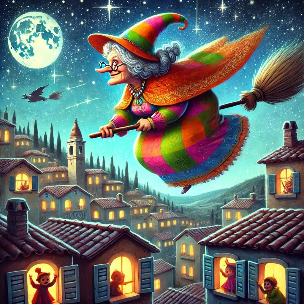 A painting of a witch flying over the rooftops