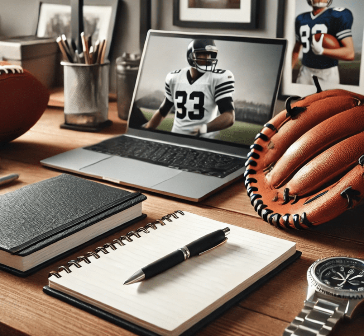 A laptop and baseball glove on top of a desk.