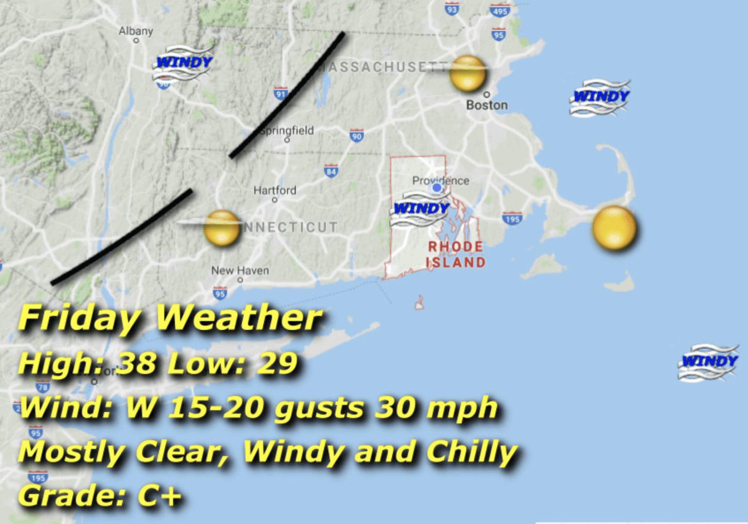 A map of the weather in rhode island.