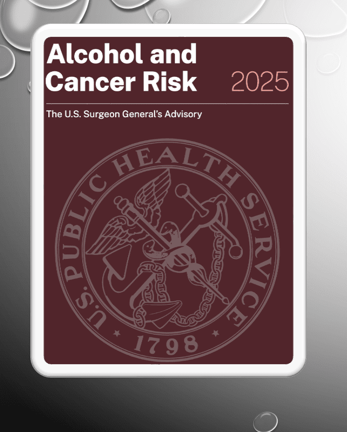 A red book cover with the words " alcohol and cancer risk 2 0 2 5 ".