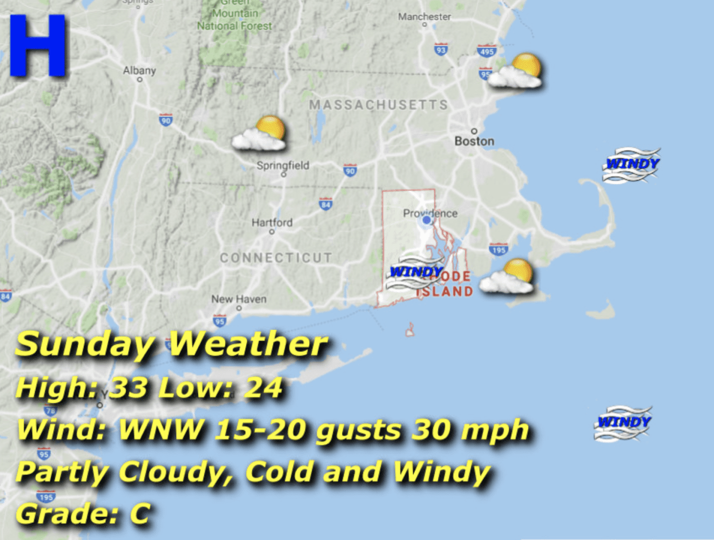 A map of the weather in connecticut.