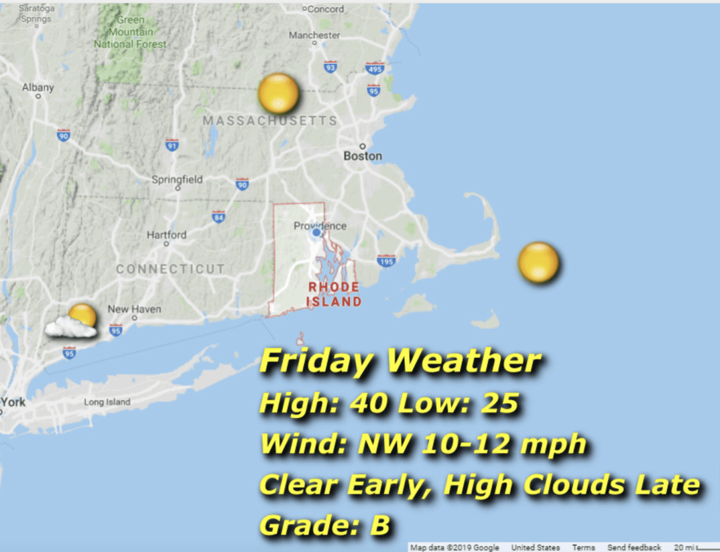 A map of the weather in rhode island.