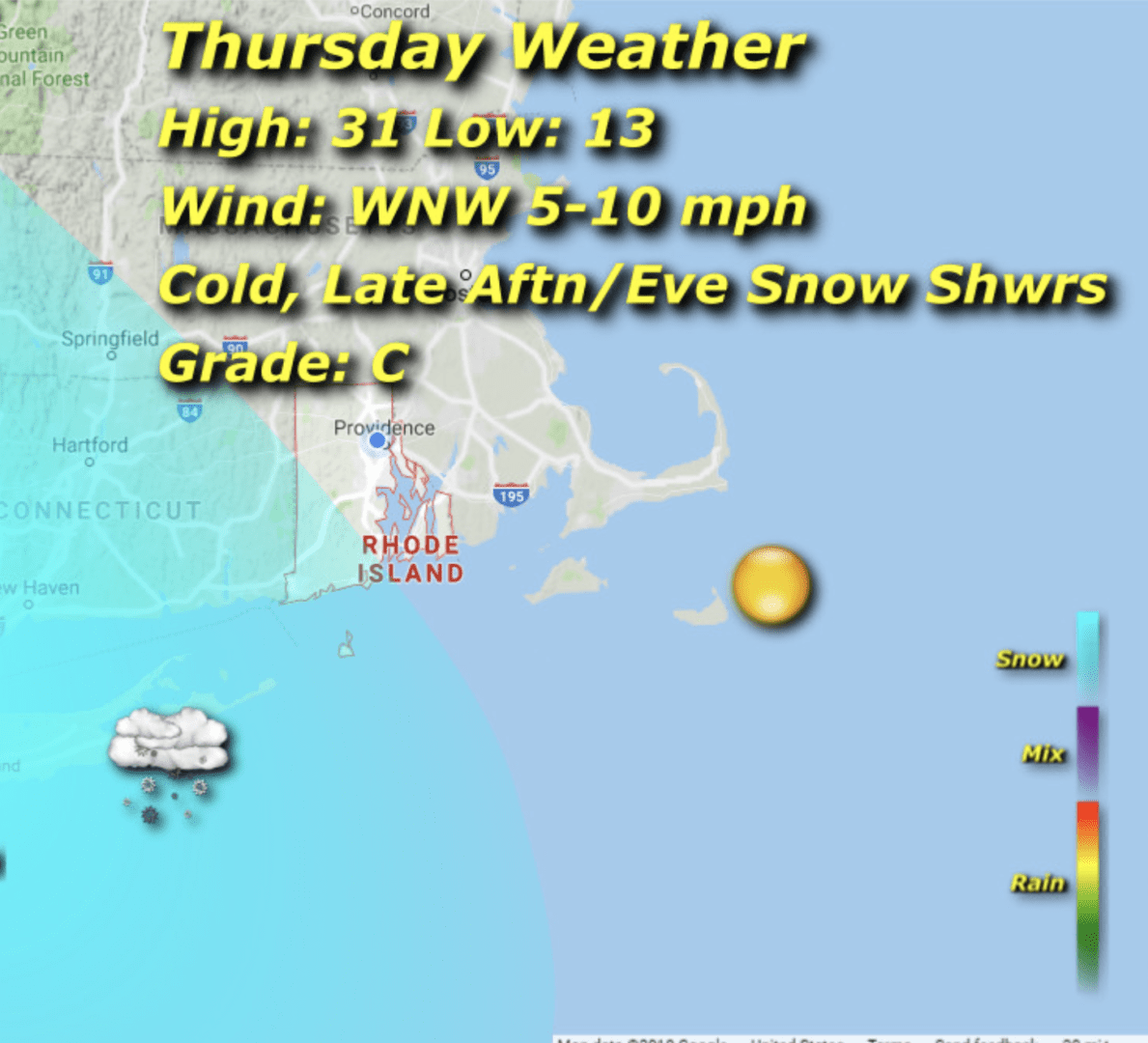 A weather map showing the weather for thursday.