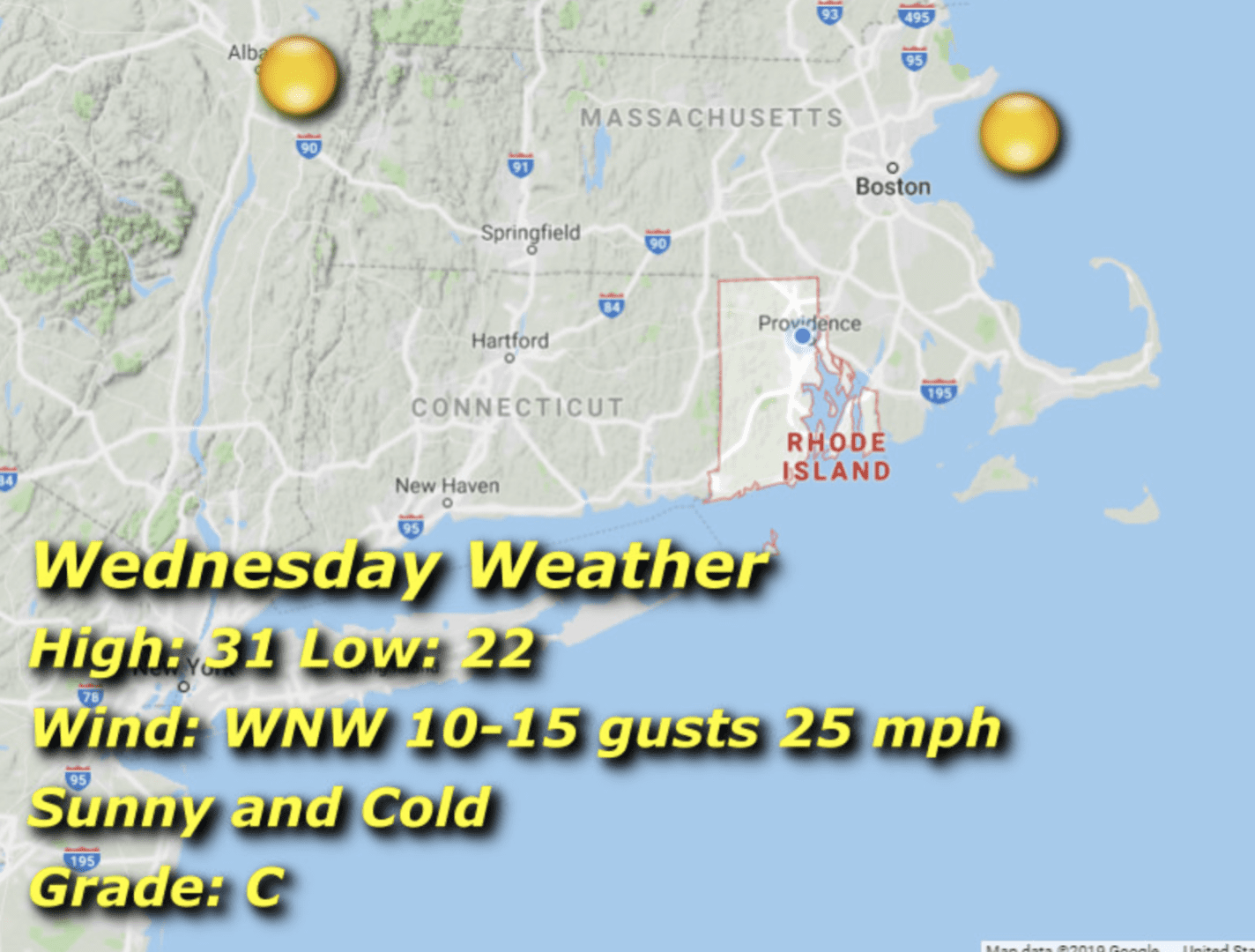 A map of the weather in rhode island.