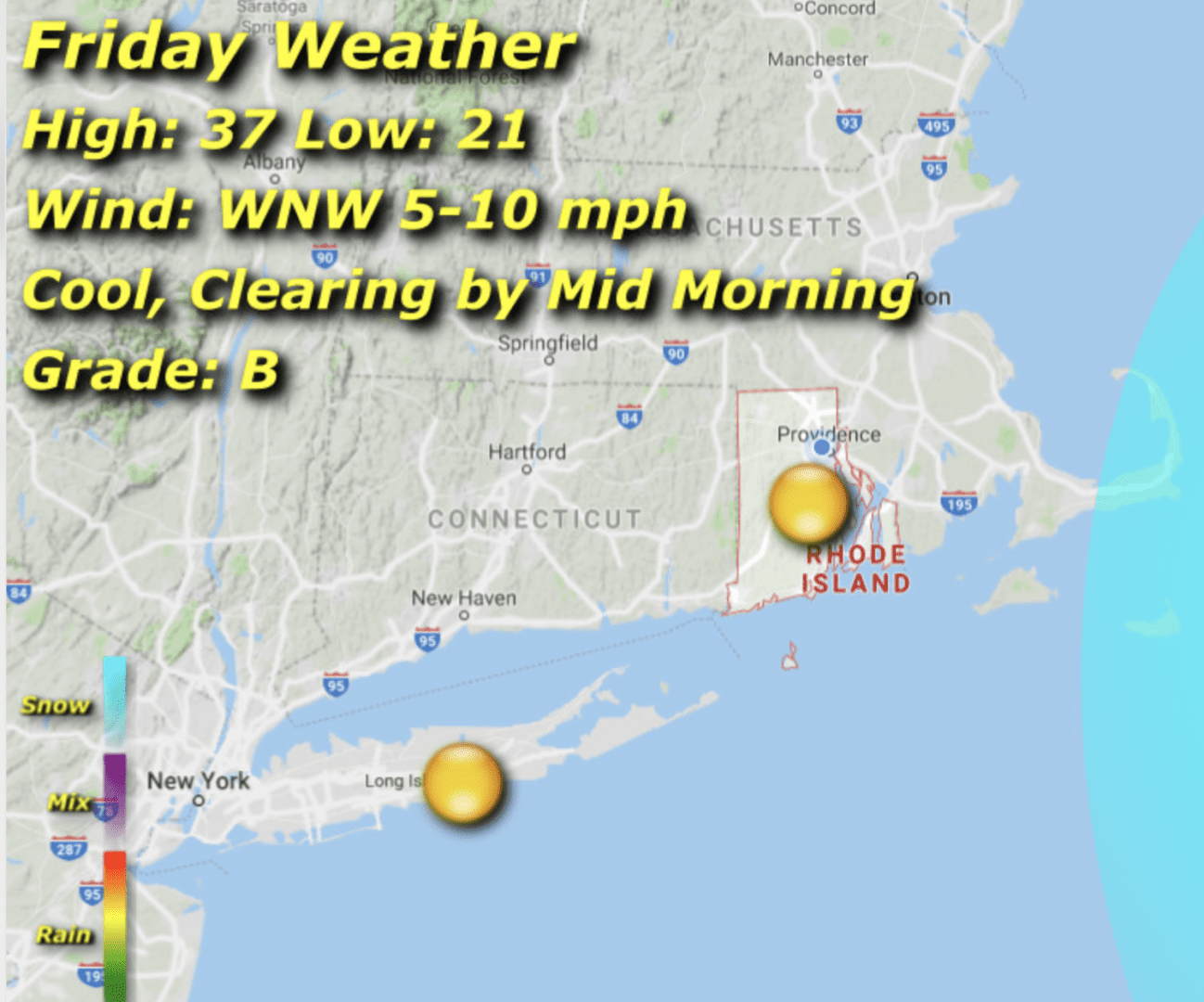 A map of the coast with some weather information.