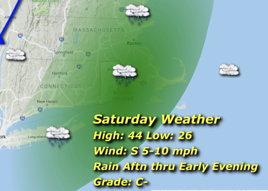 Saturday weather map: rain, 44/26, 5-10 mph S wind.