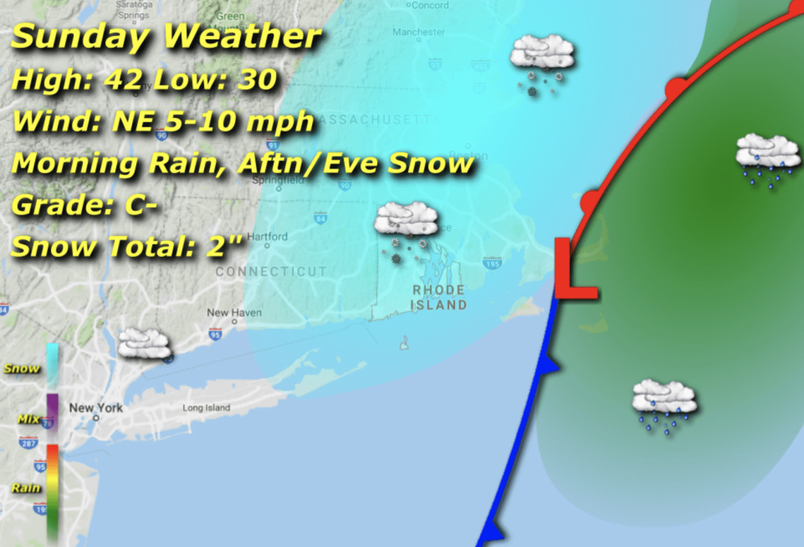 Sunday weather map: rain, snow, 2" total.