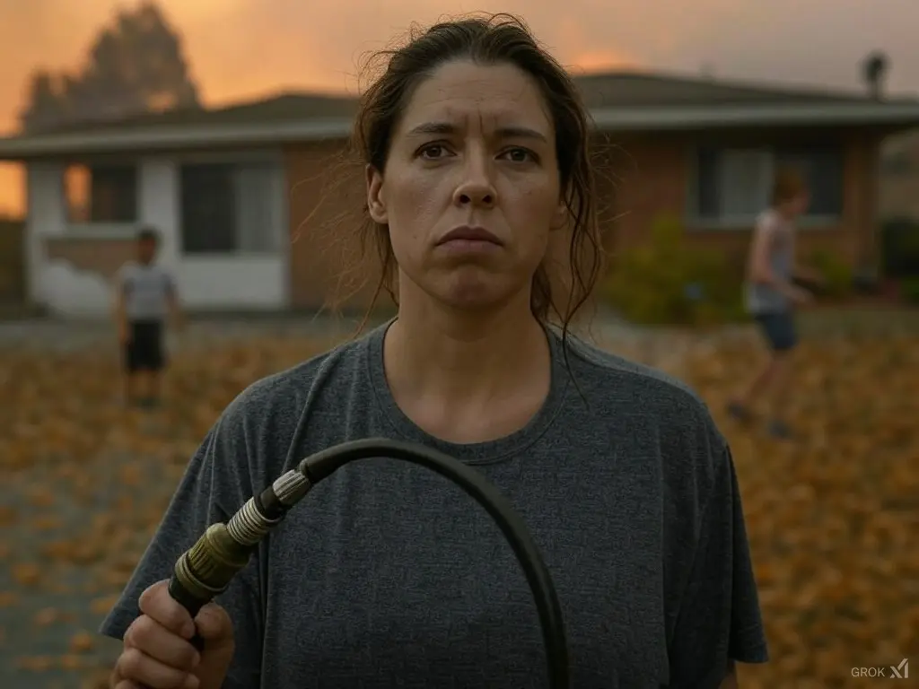 A woman holding an electric cable in her hand.