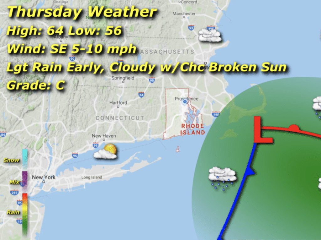 A map of the weather with a blue line showing where to go.