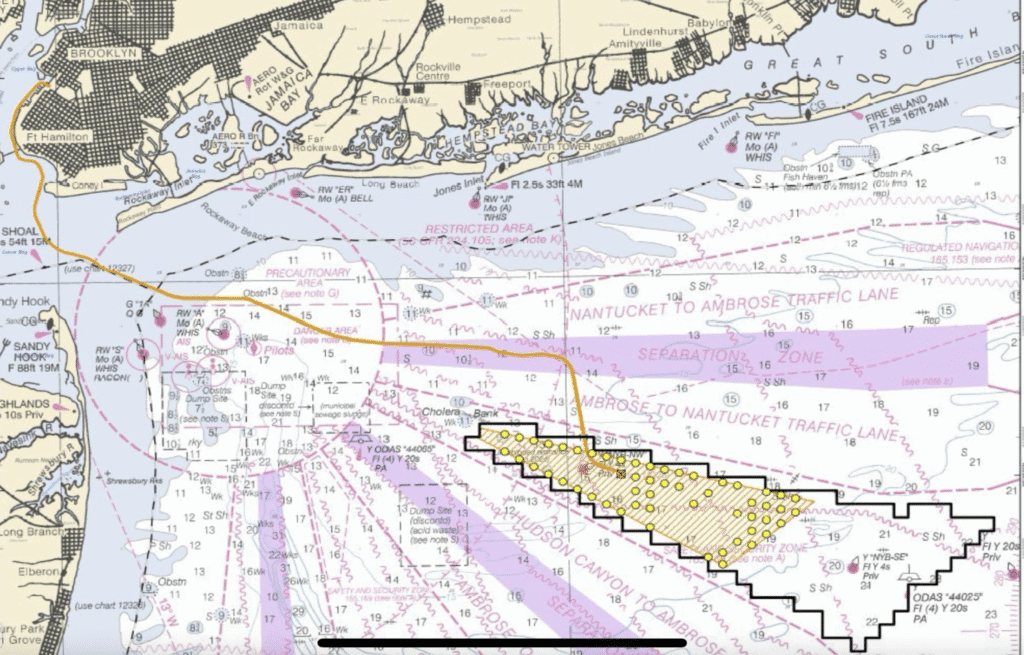 A map of the ocean with a yellow line on it.